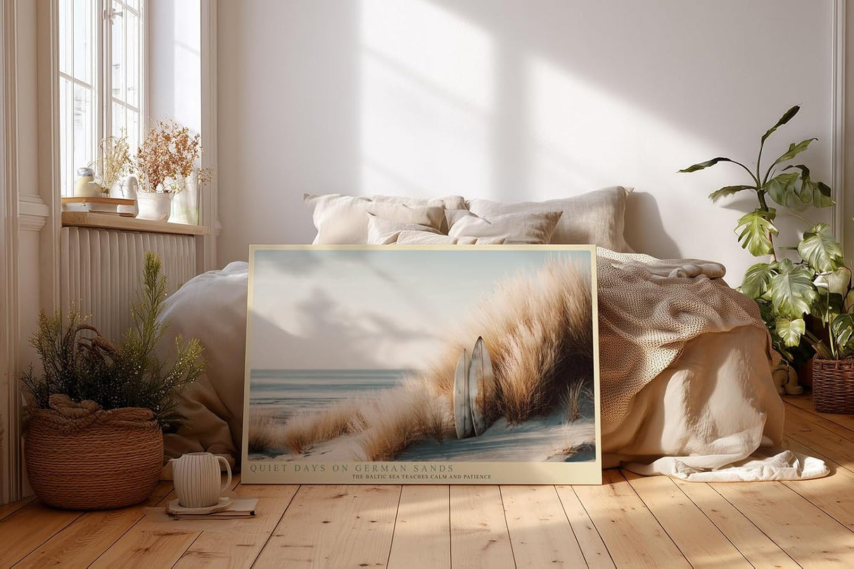 Paul Sinus Wandbild 120x80cm Surfbrett Strandduenen Kueste ruhige Meereslandschaft Strandmotiv stilvolle Wanddekoration fuer Wohnzimmer Büro