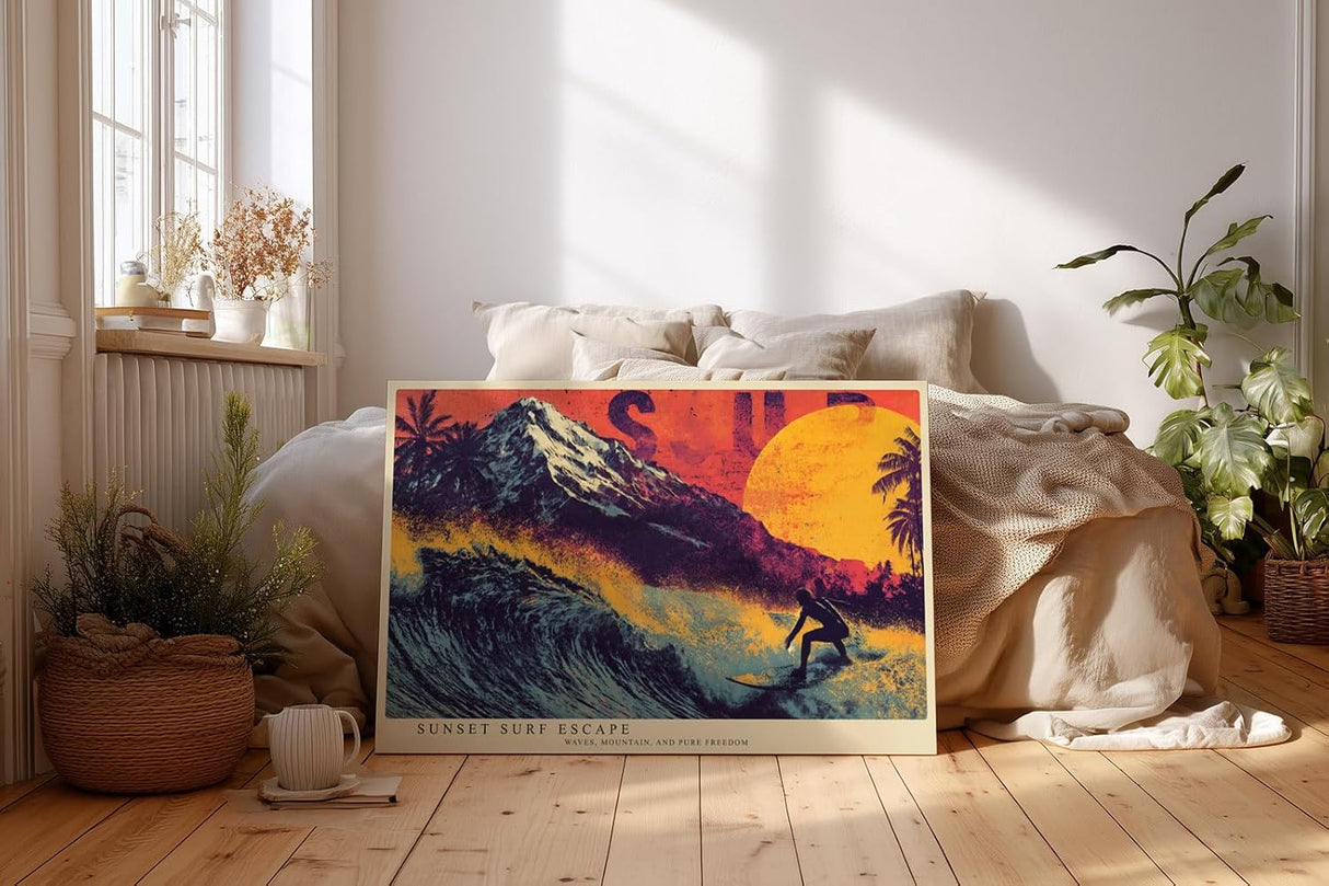 Paul Sinus Wandbild 120x80cm Surfer Sonnenuntergang moderne Strand Kunst orange lila Kunstdruck grosses Wandbild 120x80cm dynamische Wanddekoration fuer Wohnzimmer Büro