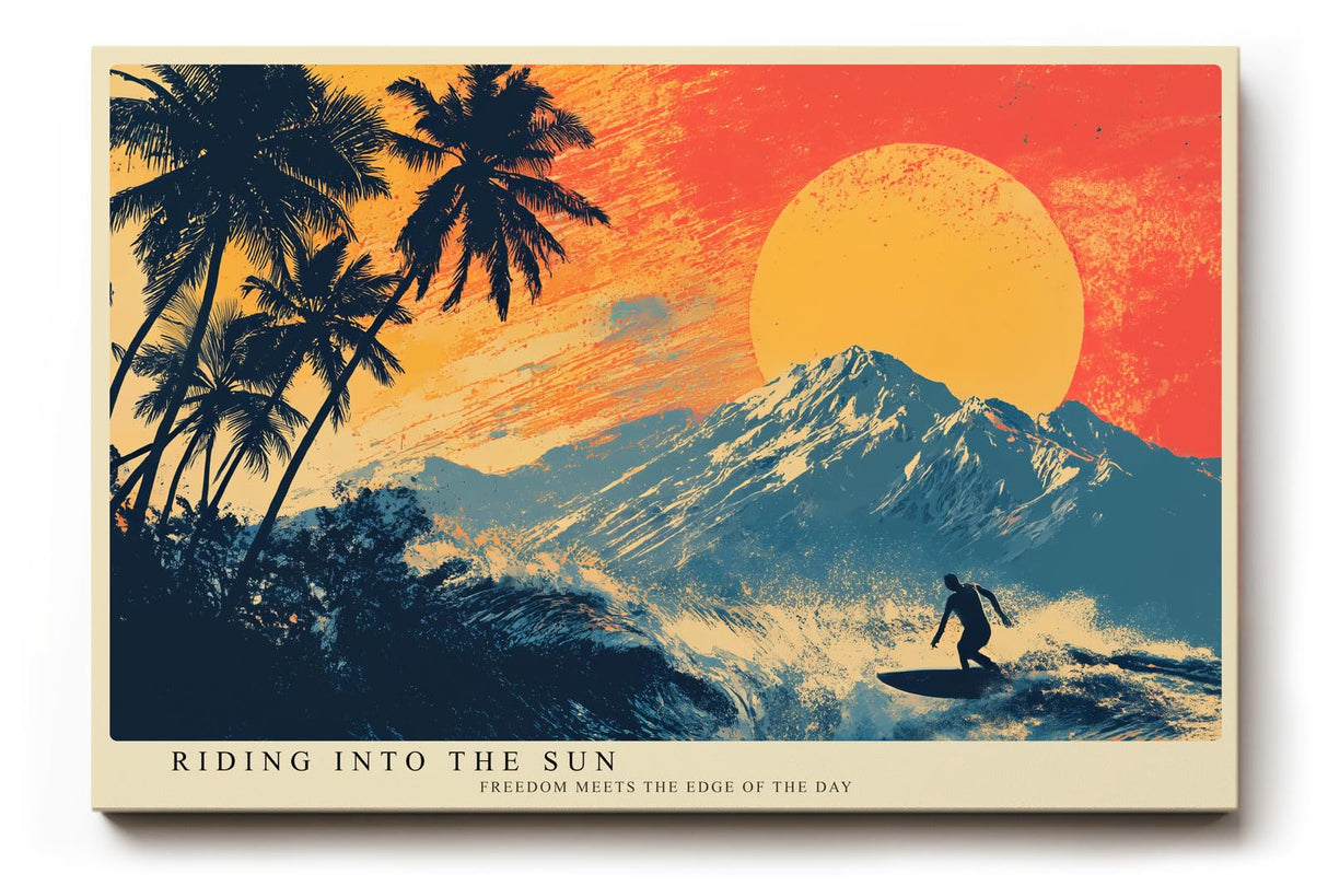 Paul Sinus Wandbild 120x80cm Surfer tropische Landschaft Sonne Palmen Berge modernes Retro Kunstbild stilvolle Wanddekoration fuer Wohnzimmer Büro