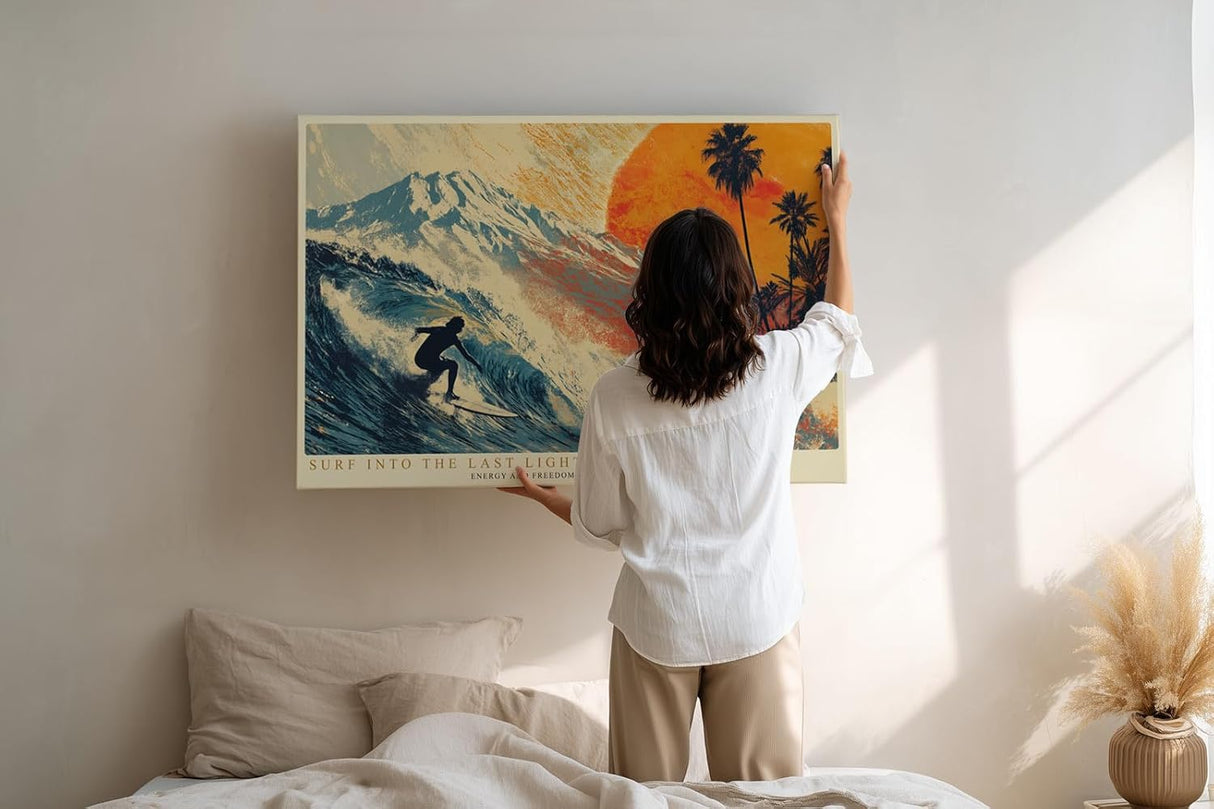 Paul Sinus Wandbild 120x80cm Surfer Welle Sonnenuntergang tropische Kunst modern Kunstdruck grosses Kunstbild dynamische Wanddekoration fuer Wohnzimmer Büro