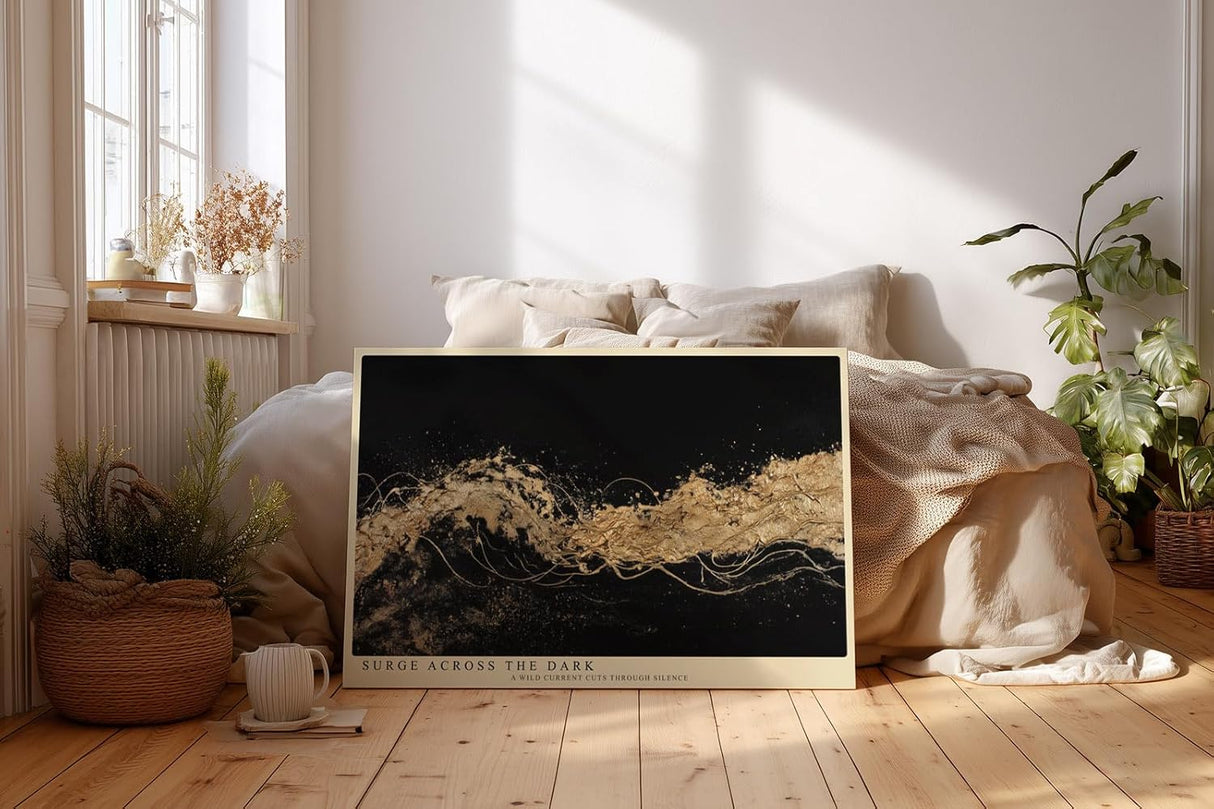Paul Sinus Wandbild 120x80cm Surge Across the Dark Goldene Abstrakte Wellen Kunst auf Schwarz Modernes Luxus Wandbild 120x80cm
