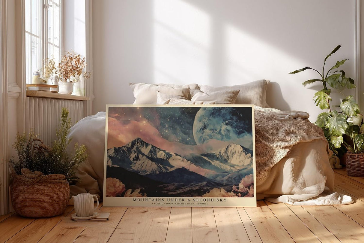Paul Sinus Wandbild 120x80cm Surreale Berge Mond Landschaft Moderne Fantasy Natur Kunstmotiv mit kosmischem Himmel