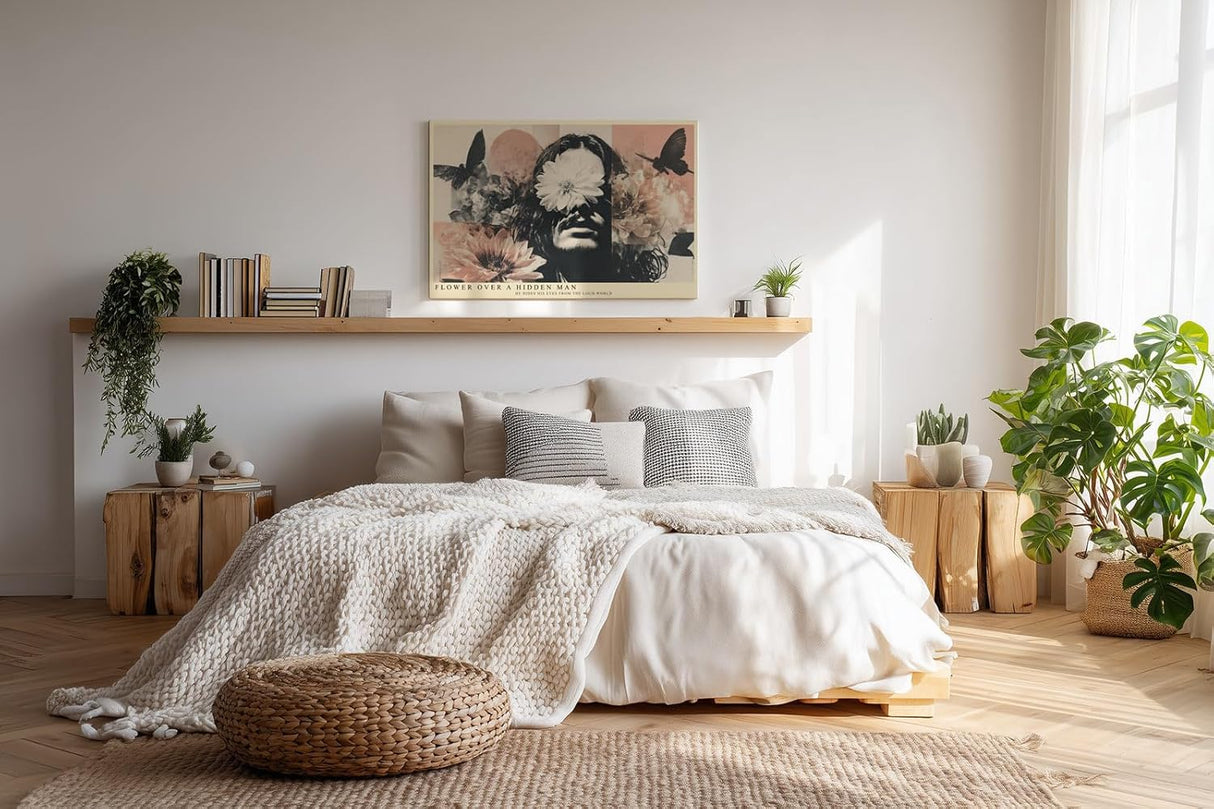 Paul Sinus Wandbild 120x80cm Surreales Blumen Portrait Moderne Kunst Collage in Beige Rosa und Schwarz für Wohnzimmer Schlafzimmer und Büro