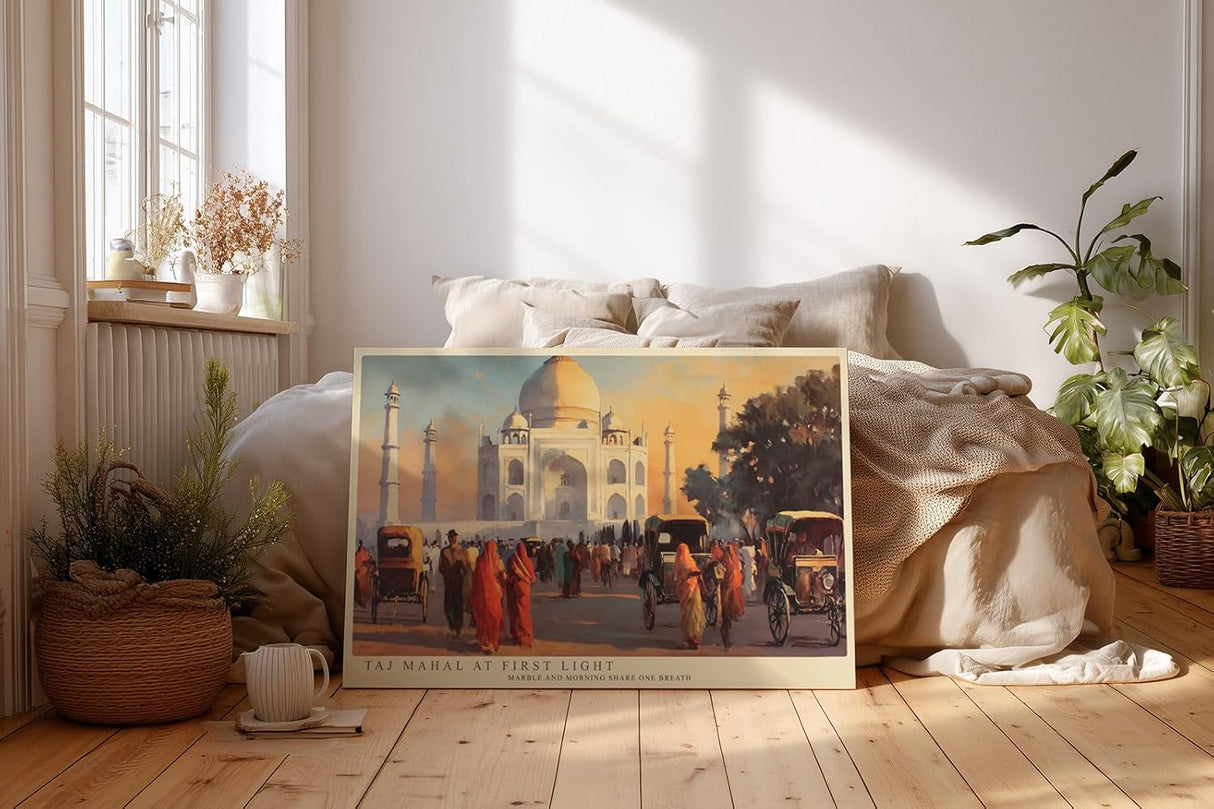 Paul Sinus Wandbild 120x80cm Taj Mahal Indien Architektur Landschaft Kunst Historische Szene mit Stadtleben