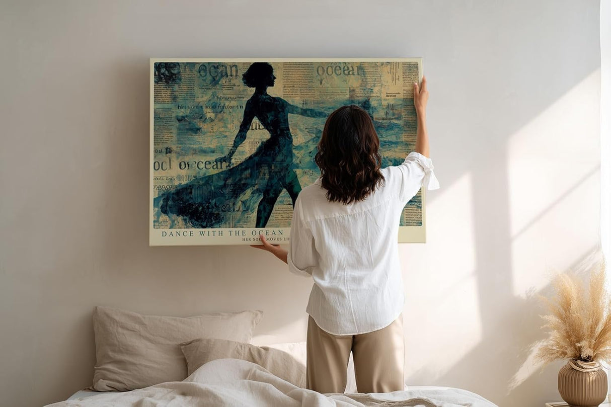 Paul Sinus Wandbild 120x80cm Tanzende Frau am Meer Abstrakte Ozean Kunst in Blau Wanddekoration