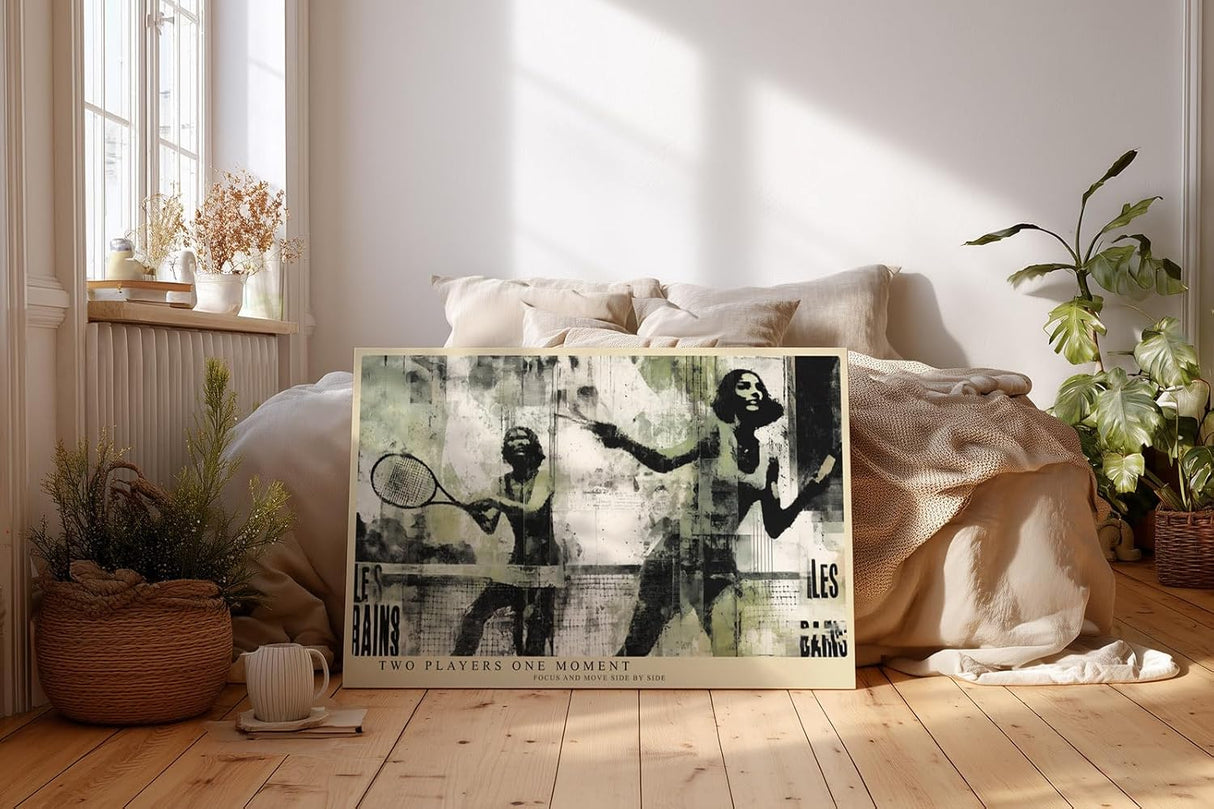 Paul Sinus Wandbild 120x80cm Tennis Kunst Collage Vintage Sportmotiv in Schwarz Beige für Wohnzimmer Büro und Fitnessraum