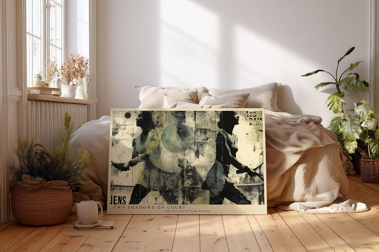 Paul Sinus Wandbild 120x80cm Tennis Spielerinnen Kunst Collage Modernes Sportmotiv in Beige Grau für Wohnzimmer Büro Fitnessraum