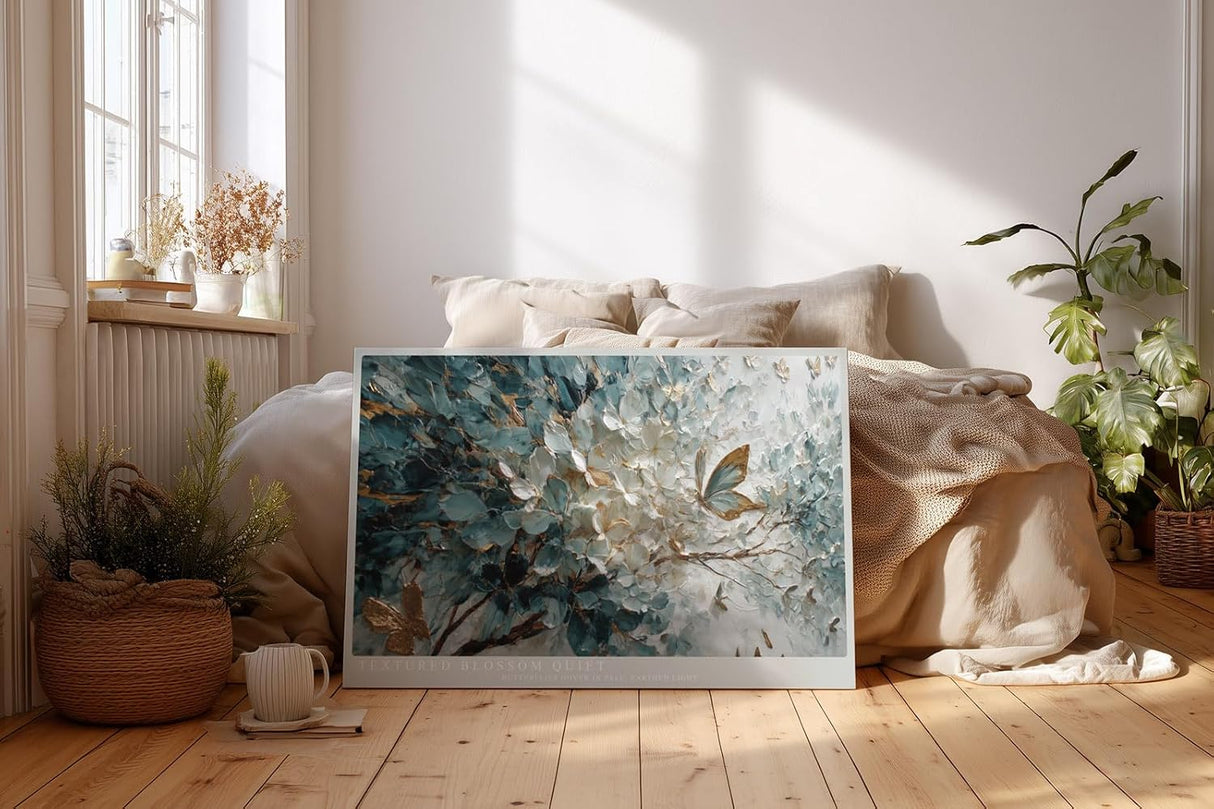 Paul Sinus Wandbild 120x80cm Textured Blossom Quiet Blumenrelief mit Schmetterlingen Elegante Natur Kunst fuer Wohnzimmer Schlafzimmer und Büro
