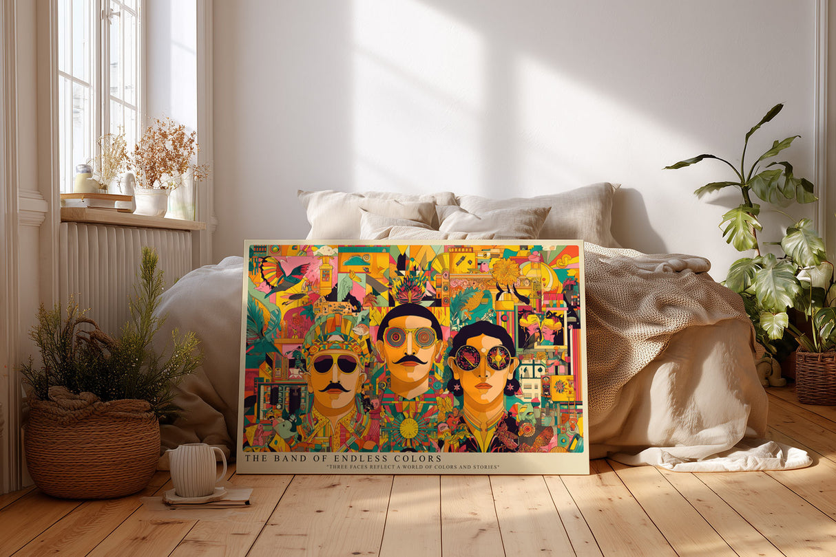 Paul Sinus Wandbild The Band of Endless Colors Farbexplosion in Form dreier stilisierter Porträts, die in einem kaleidoskopischen Muster voller Leben und Fantasie erscheinen.