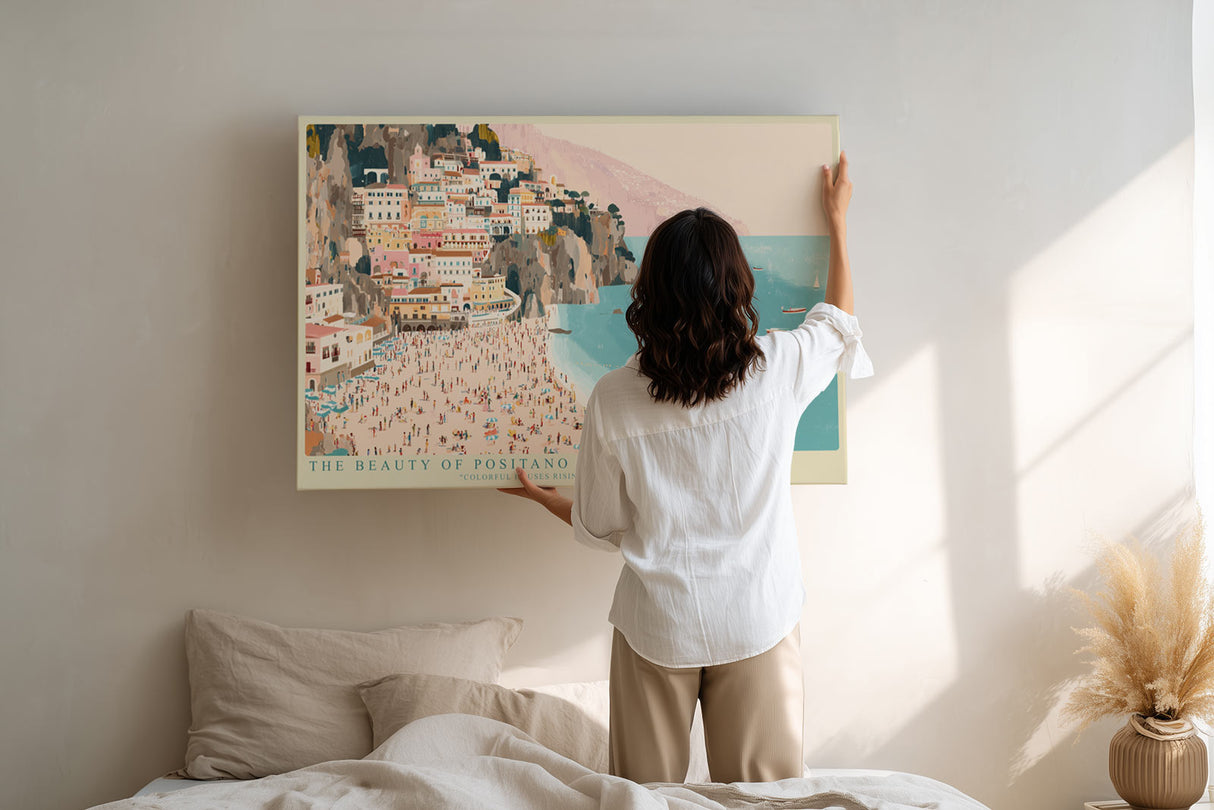 Paul Sinus Wandbild The Beauty of Positano Beach – Farbenfrohe Häuser über dem blauen Meer