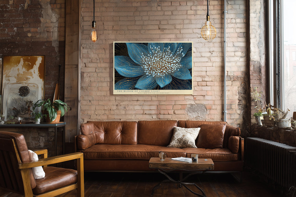 Paul Sinus Wandbild The Bloom of Cosmic Light leuchtendes Blumenmotiv in Blau und Gold mit kosmischer Struktur
