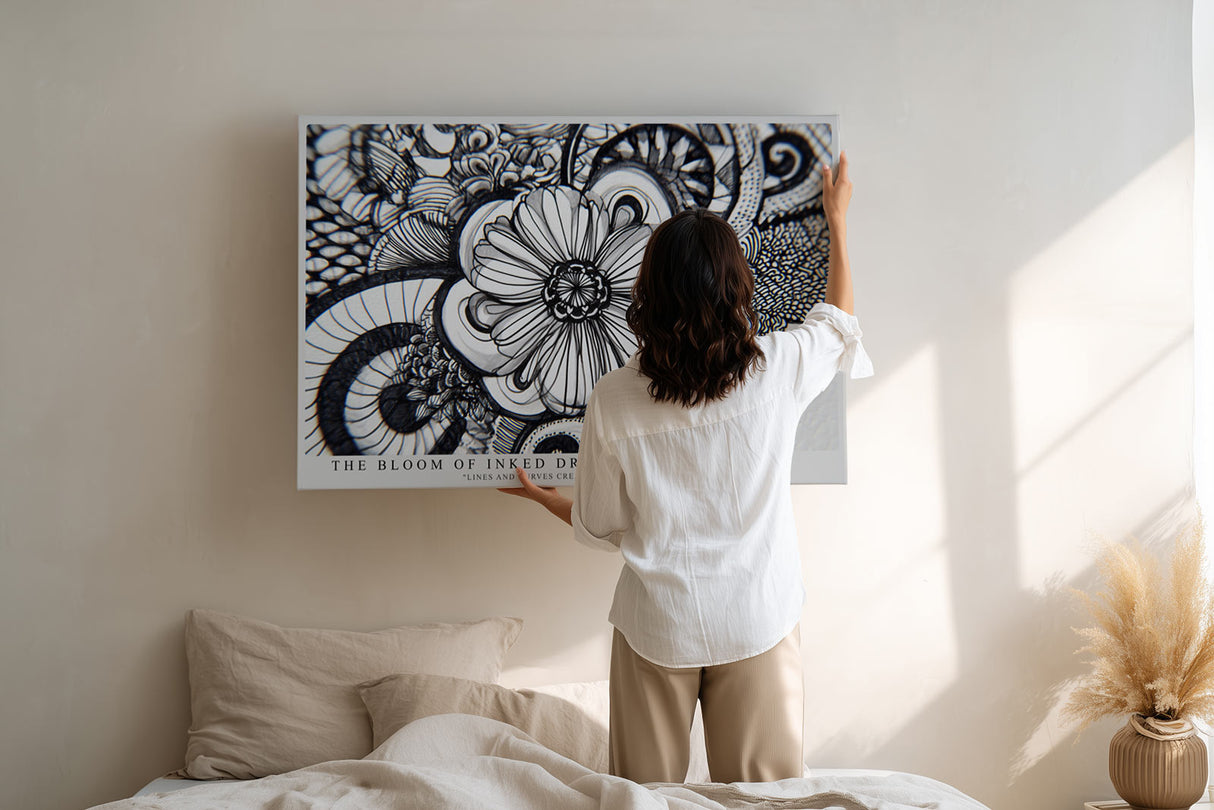 Paul Sinus Wandbild The Bloom of Inked Dreams – Detaillierte Schwarz-Weiß-Zeichnung einer Blume mit filigranen Mustern, künstlerisches Linienmotiv