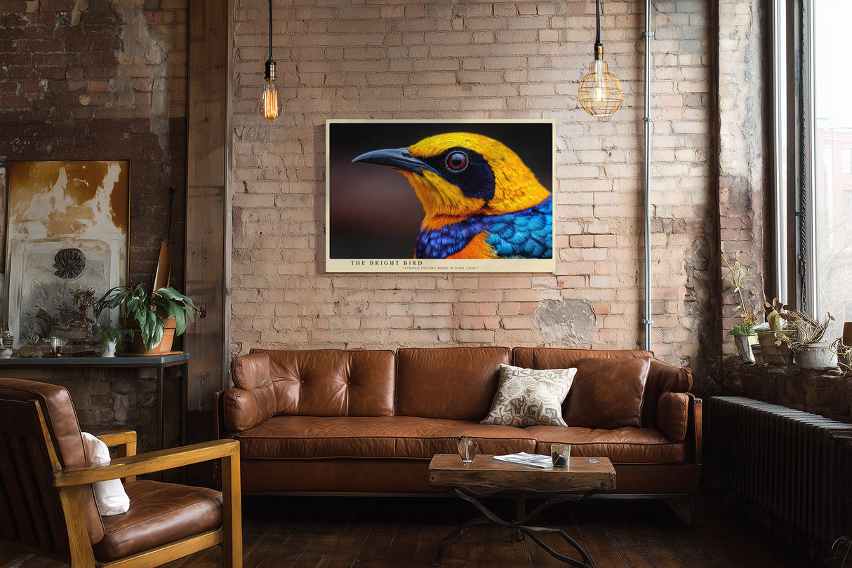 Paul Sinus Wandbild The Bright Bird farbenprächtiges Vogelmotiv in leuchtenden Blau-, Gelb- und Orangetönen