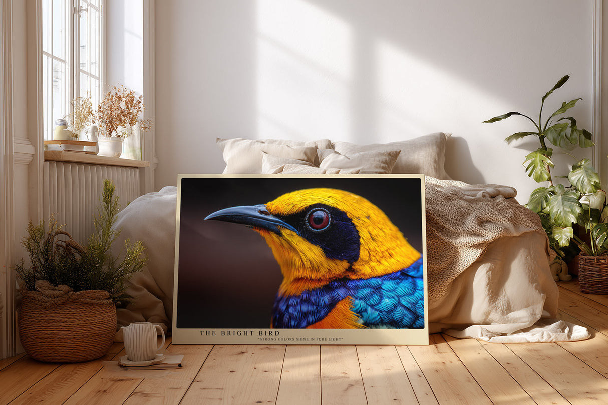 Paul Sinus Wandbild The Bright Bird farbenprächtiges Vogelmotiv in leuchtenden Blau-, Gelb- und Orangetönen
