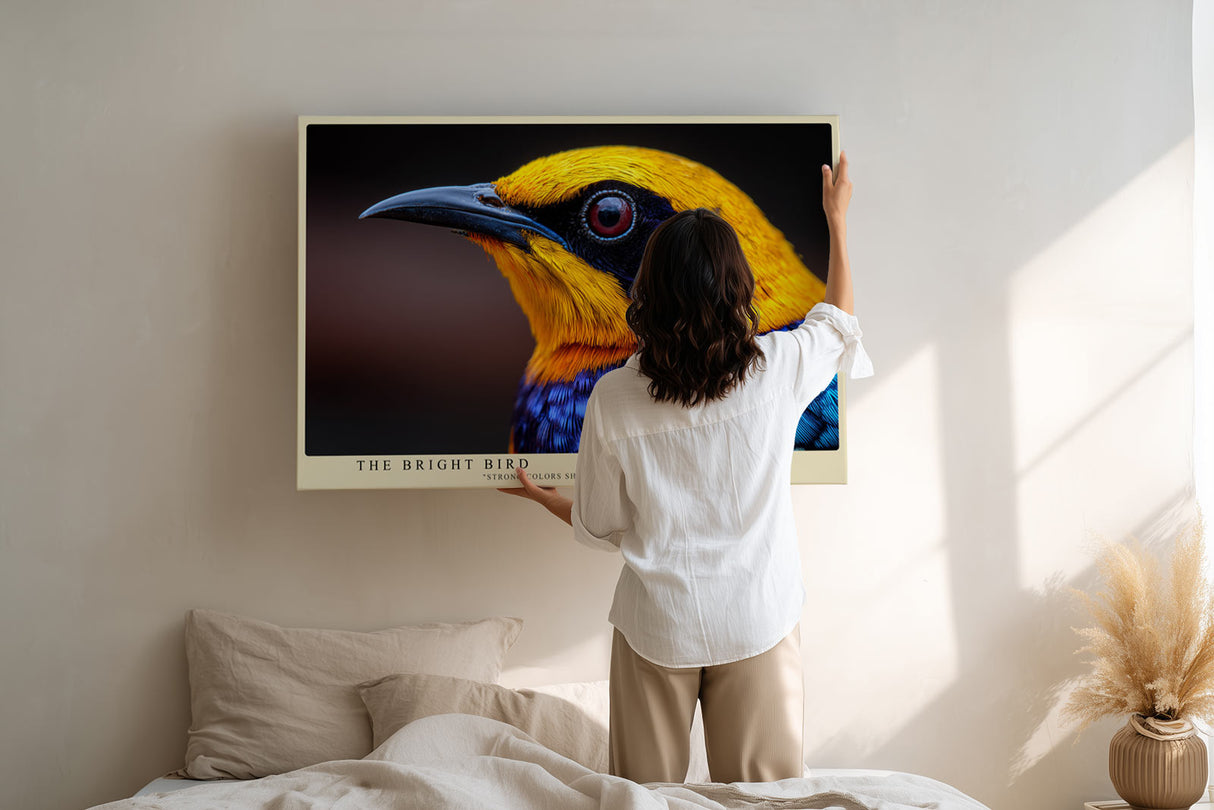 Paul Sinus Wandbild The Bright Bird farbenprächtiges Vogelmotiv in leuchtenden Blau-, Gelb- und Orangetönen