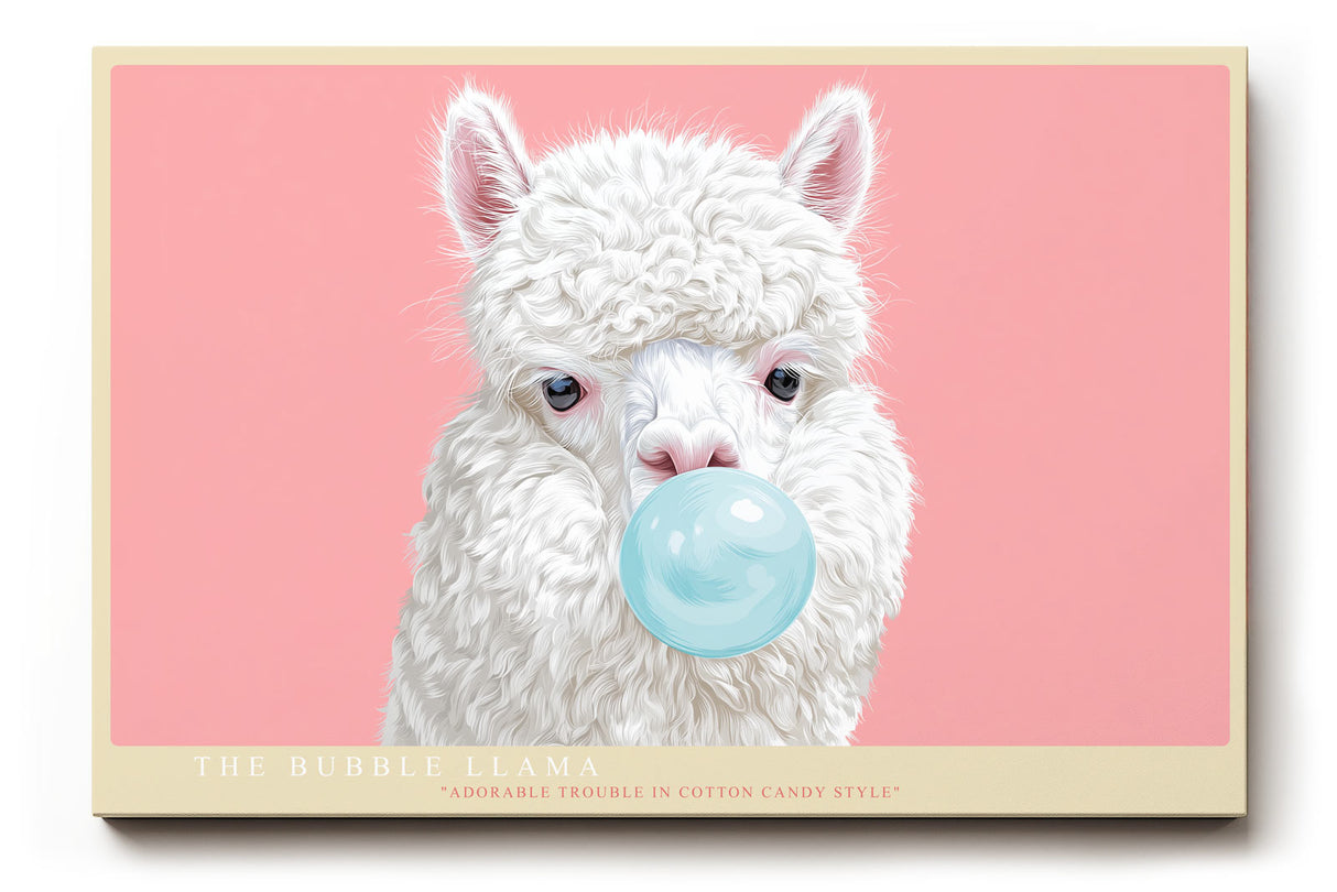 Paul Sinus Wandbild The Bubble Llama humorvolles Tiermotiv mit Lama und Kaugummiblase auf rosafarbenem Hintergrund für moderne Wohnräume voller Witz und Stil