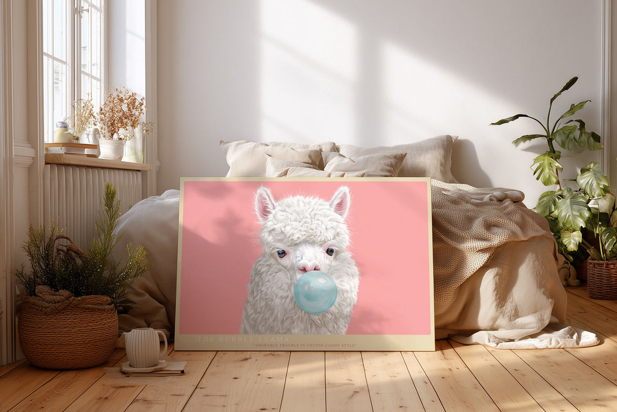 Paul Sinus Wandbild The Bubble Llama humorvolles Tiermotiv mit Lama und Kaugummiblase auf rosafarbenem Hintergrund für moderne Wohnräume voller Witz und Stil