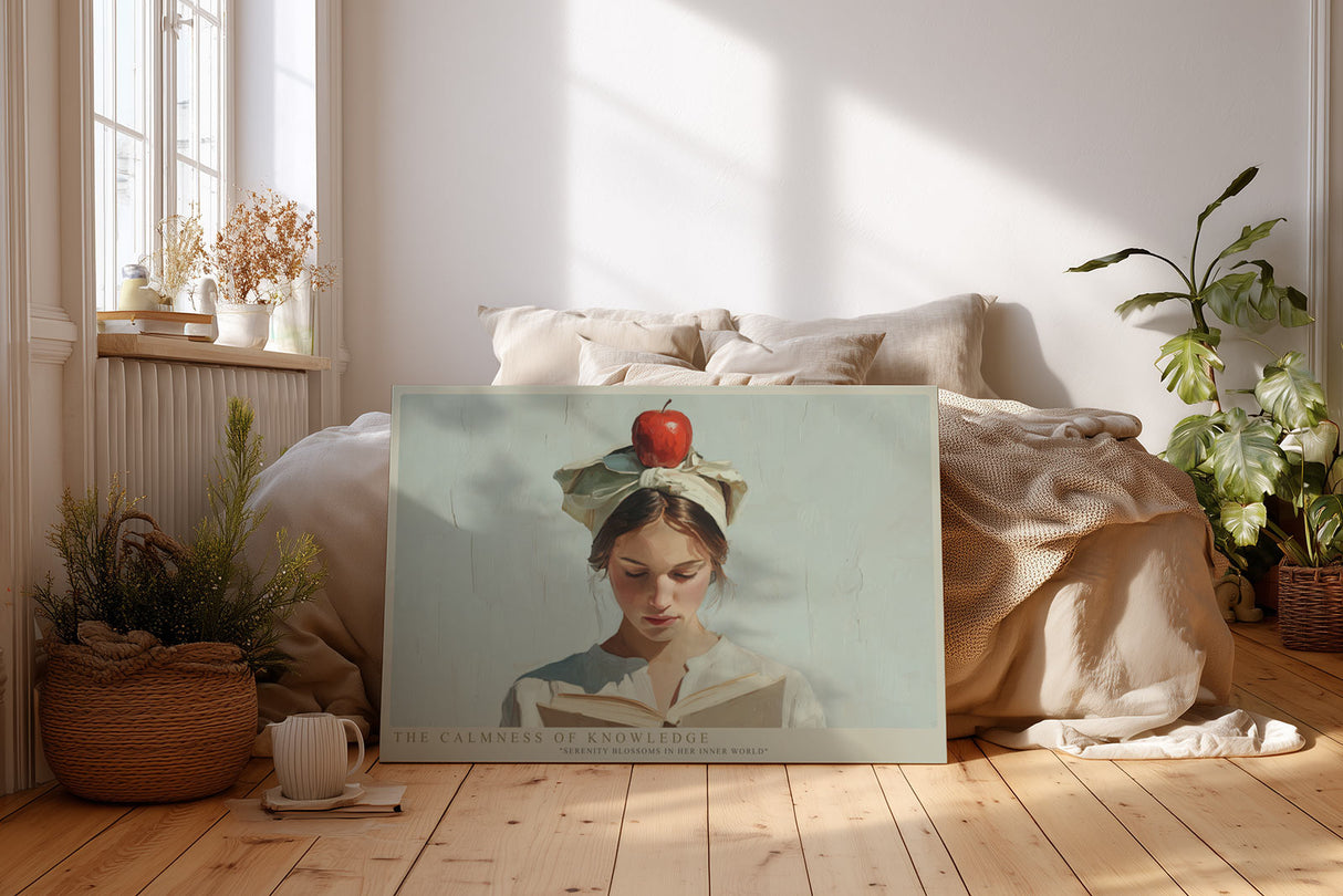 Paul Sinus Wandbild The Calmness of Knowledge – Zeitloses Porträt einer lesenden Frau mit Apfel – Kunstvolles Wandbild zwischen Ruhe, Symbolik und Intellekt.