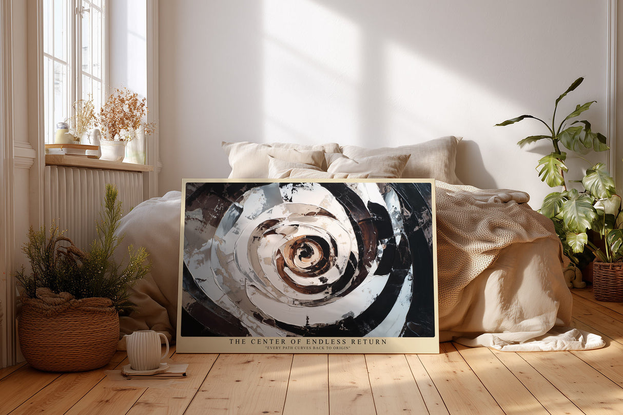 Paul Sinus Wandbild The Center of Endless Return – Abstrakte Bewegung und kraftvolle Tiefe in monochromer Struktur