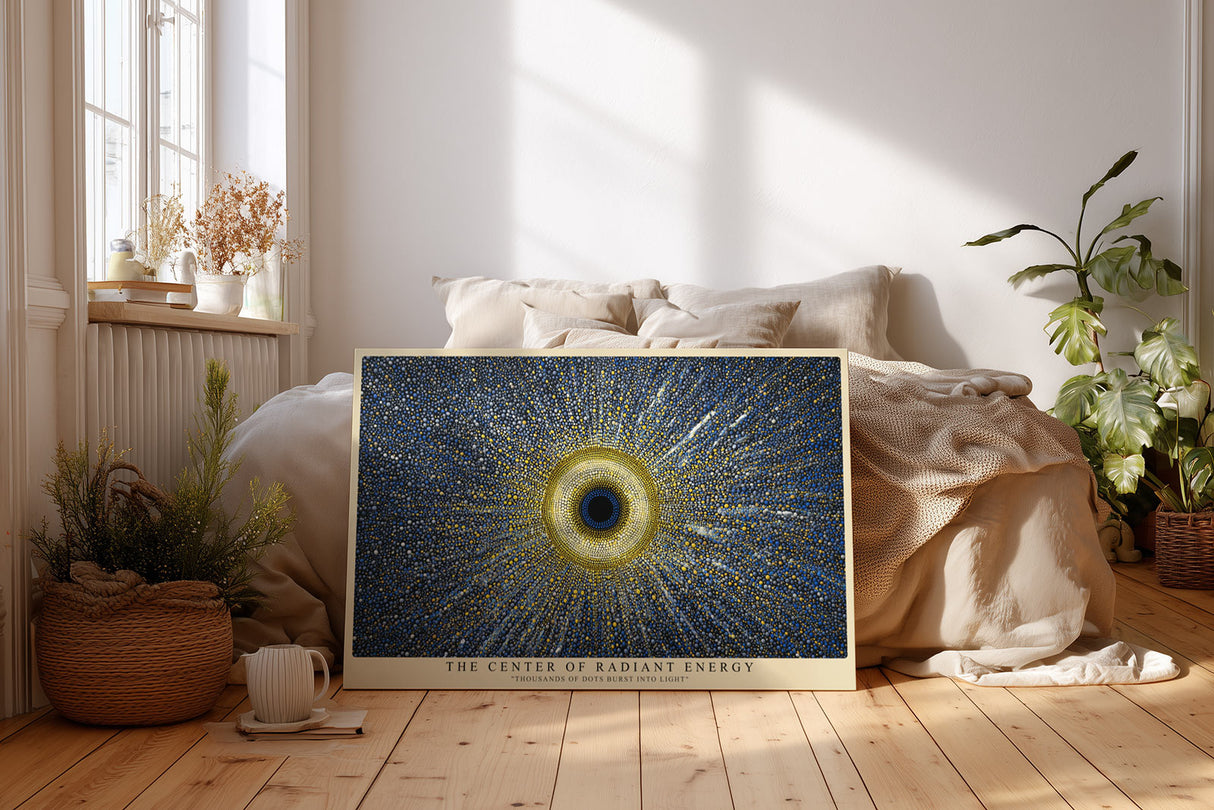 Paul Sinus Wandbild The Center of Radiant Energy abstraktes Punktmuster mit gold-blauem Lichtzentrum