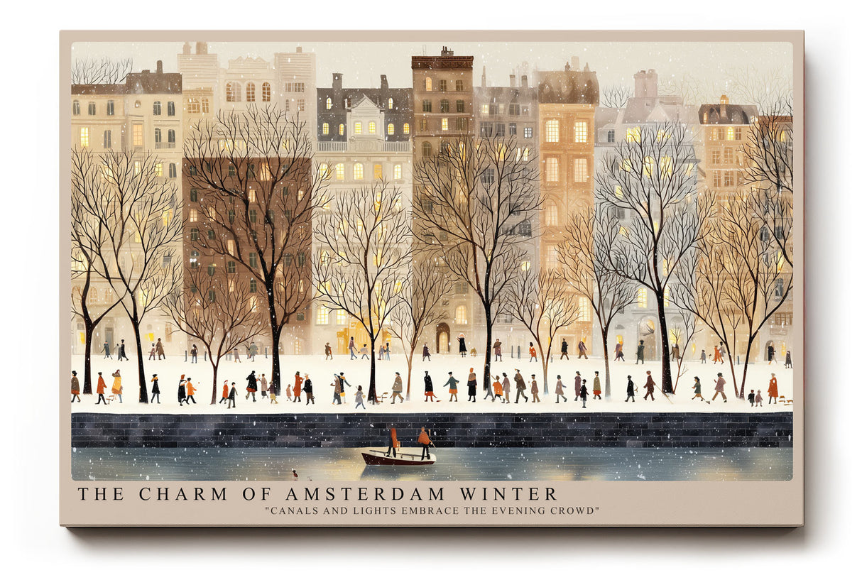 Paul Sinus Wandbild The Charm of Amsterdam Winter – Stimmungsvolles Stadtbild mit winterlicher Kulisse, Spaziergänger entlang der Kanäle im Abendlicht