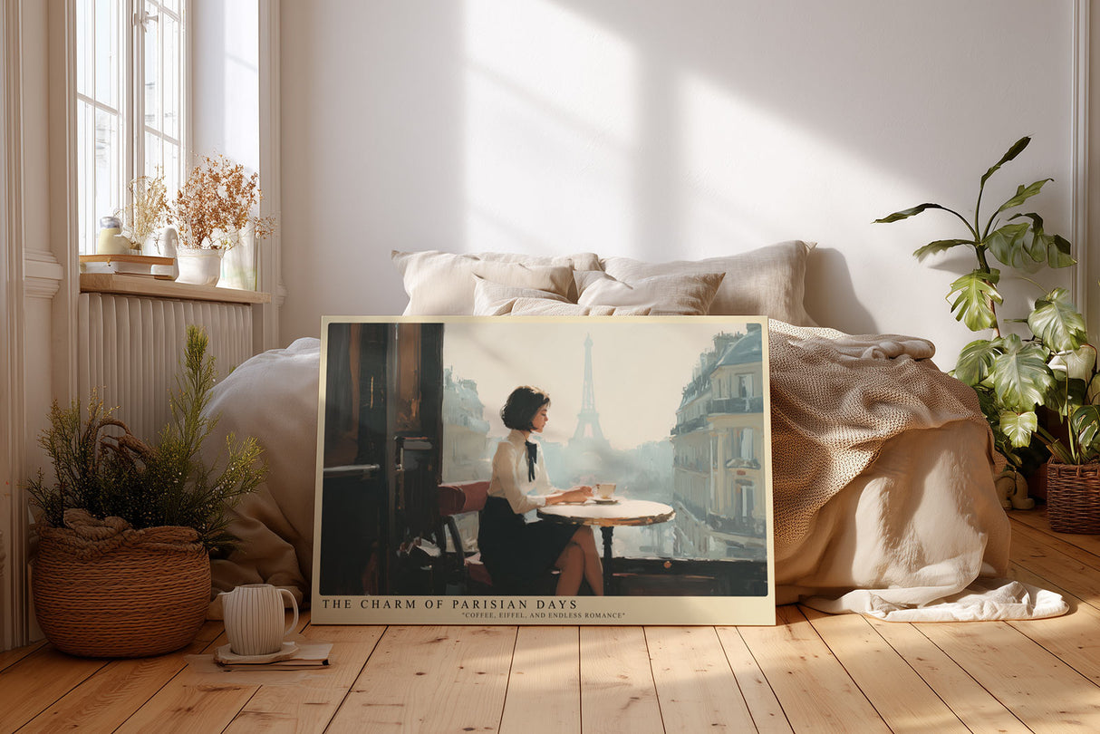 Paul Sinus Wandbild The Charm of Parisian Days stilvolles Stadtmotiv einer Frau im Café mit Blick auf den Eiffelturm im sanften Morgenlicht