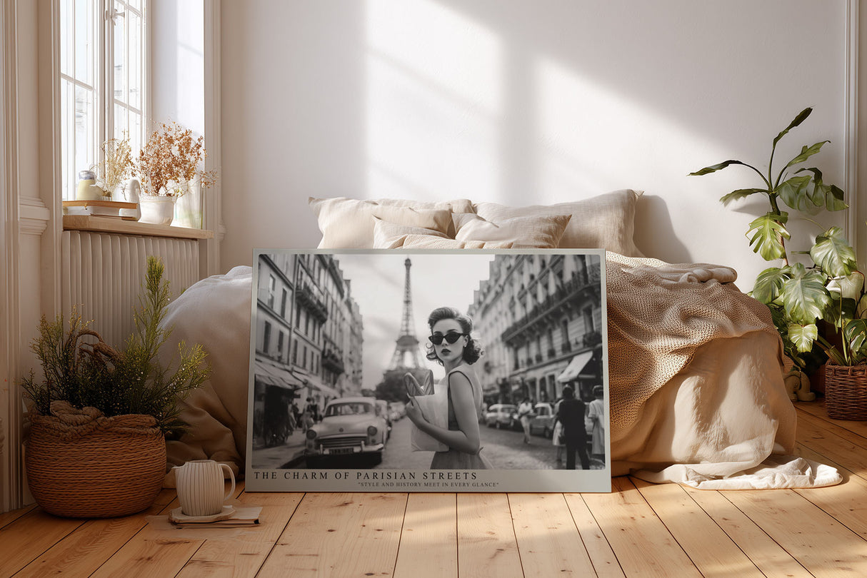 Paul Sinus Wandbild The Charm of Parisian Streets – Stilvolle Straßenszene in Paris mit Eiffelturm in Schwarz-Weiß