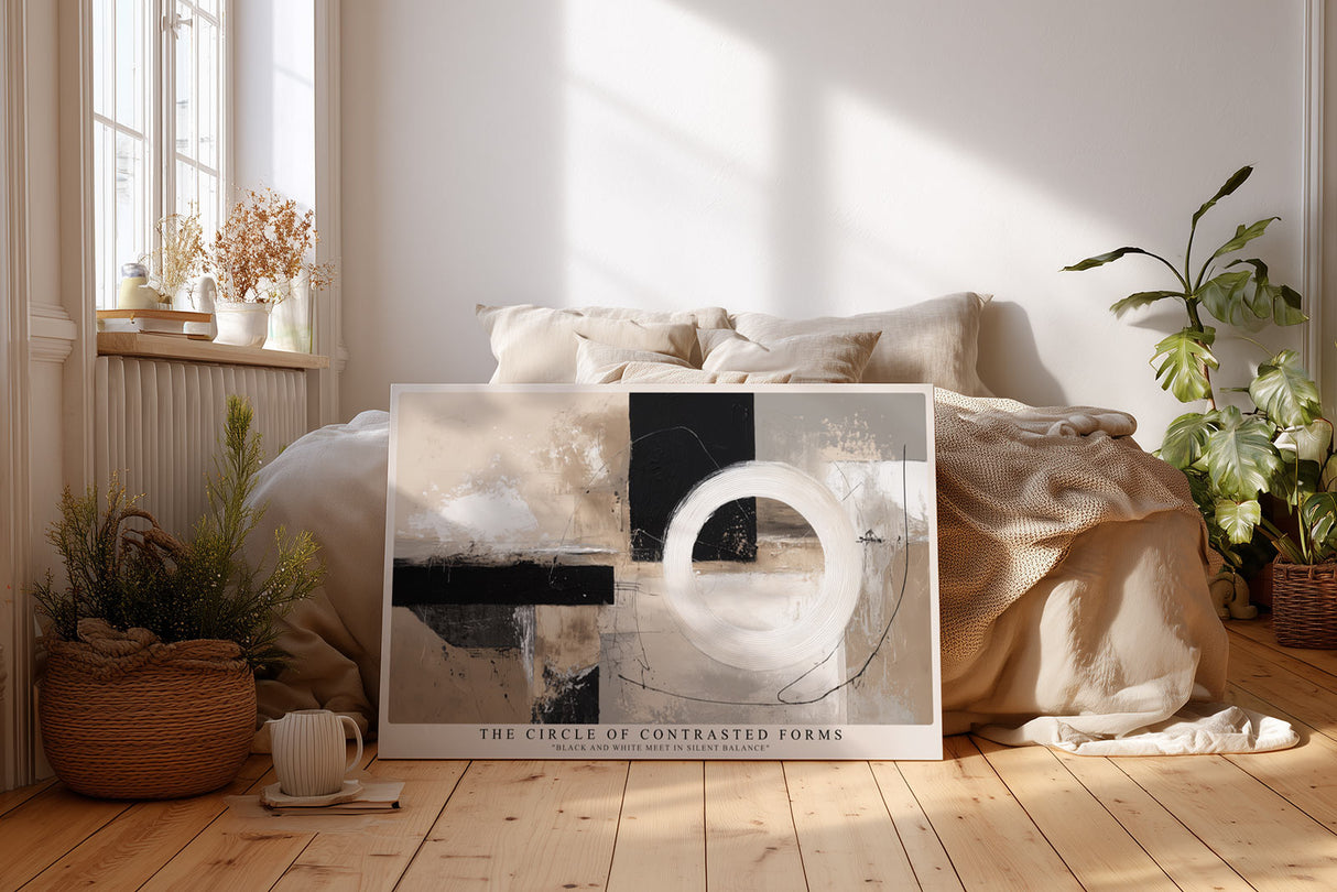 Paul Sinus Wandbild The Circle of Contrasted Forms – Abstraktes Kunstwerk mit kreisförmigem Weiß auf geometrischem Schwarz-Beige-Hintergrund, modernes Design in Balance