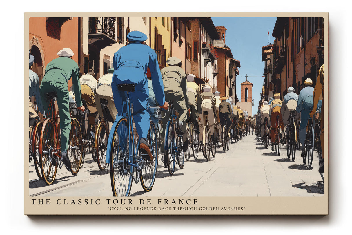 Paul Sinus Wandbild The Classic Tour de France Historisches Radsportmotiv mit Fahrern in alten Trikots, die durch sonnendurchflutete Straßen fahren.