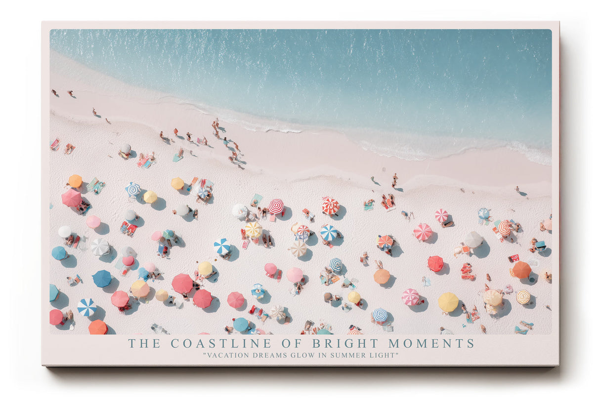 Paul Sinus Wandbild The Coastline of Bright Moments – Luftaufnahme eines sonnigen Strandes mit bunten Sonnenschirmen und türkisblauem Meer