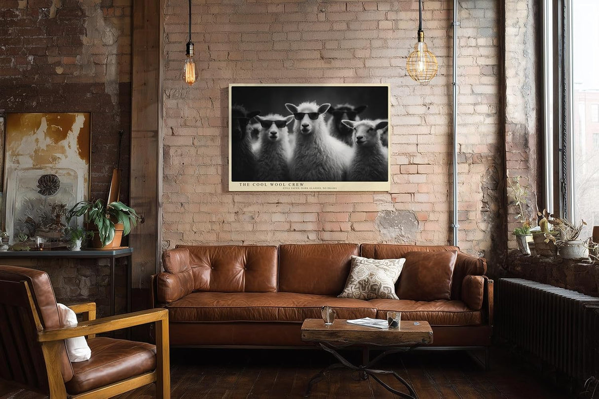 Paul Sinus Wandbild 120x80cm The Cool Wool Crew Lustige Schafe mit Sonnenbrillen Schwarz Weiss Tierkunst fuer Wohnzimmer Büro und Flur