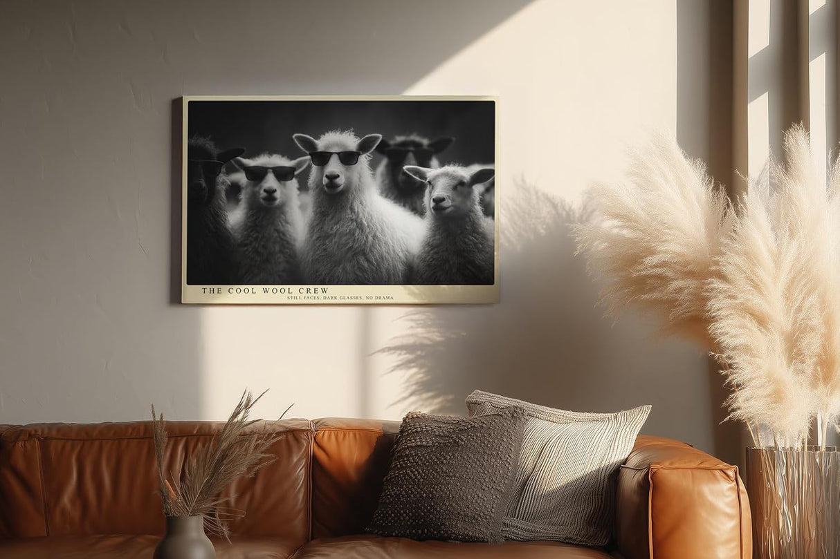 Paul Sinus Wandbild 120x80cm The Cool Wool Crew Lustige Schafe mit Sonnenbrillen Schwarz Weiss Tierkunst fuer Wohnzimmer Büro und Flur