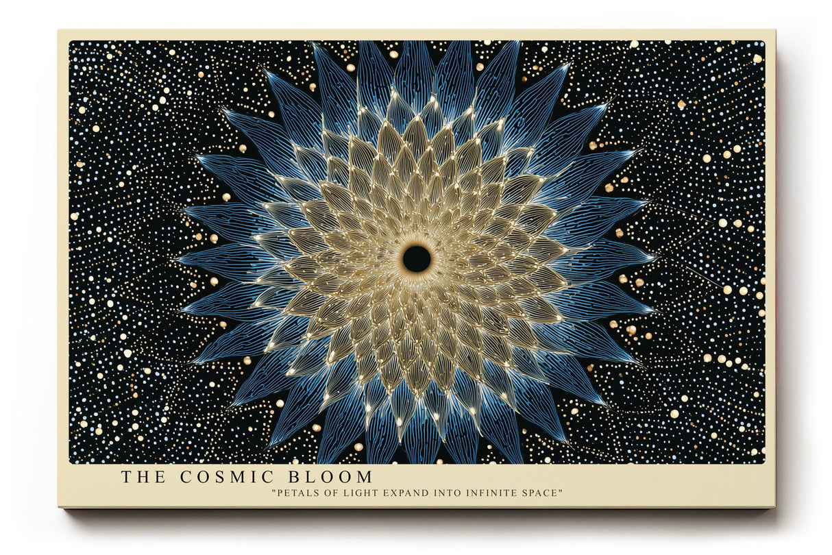 Paul Sinus Wandbild The Cosmic Bloom – Abstraktes Mandala in Blau und Gold, inspiriert von Energie, Licht und universeller Harmonie