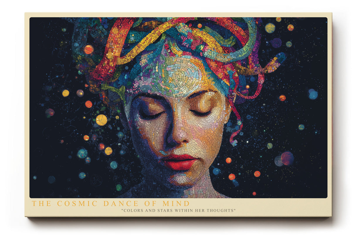 Paul Sinus Wandbild The Cosmic Dance of Mind – Farbenreiche Portraitkomposition mit kosmischer Energie – Ausdrucksstarkes Wandbild zwischen Traum und Gedankenwelt.
