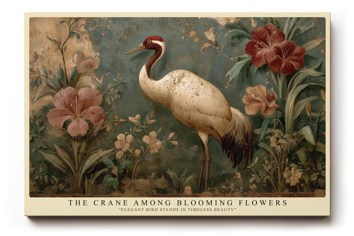 Paul Sinus Wandbild The Crane Among Blooming Flowers klassisches Naturmotiv mit Kranich und Blüten in warmen Erdtönen