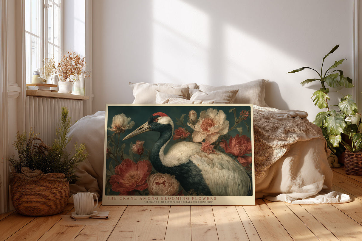 Paul Sinus Wandbild The Crane among Blooming Flowers – Prächtiger Kranich umgeben von Blüten, elegantes Naturmotiv in klassischer Farbkomposition