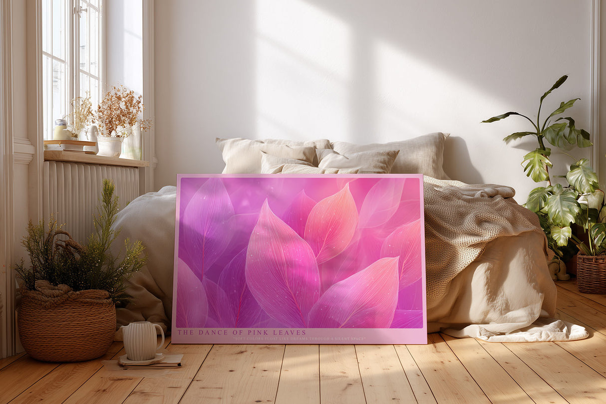 Paul Sinus Wandbild The Dance of Pink Leaves Poetisches Farbspiel in Rosa- und Violetttönen mit schwebenden Blättern, die Leichtigkeit und Bewegung ausdrücken.