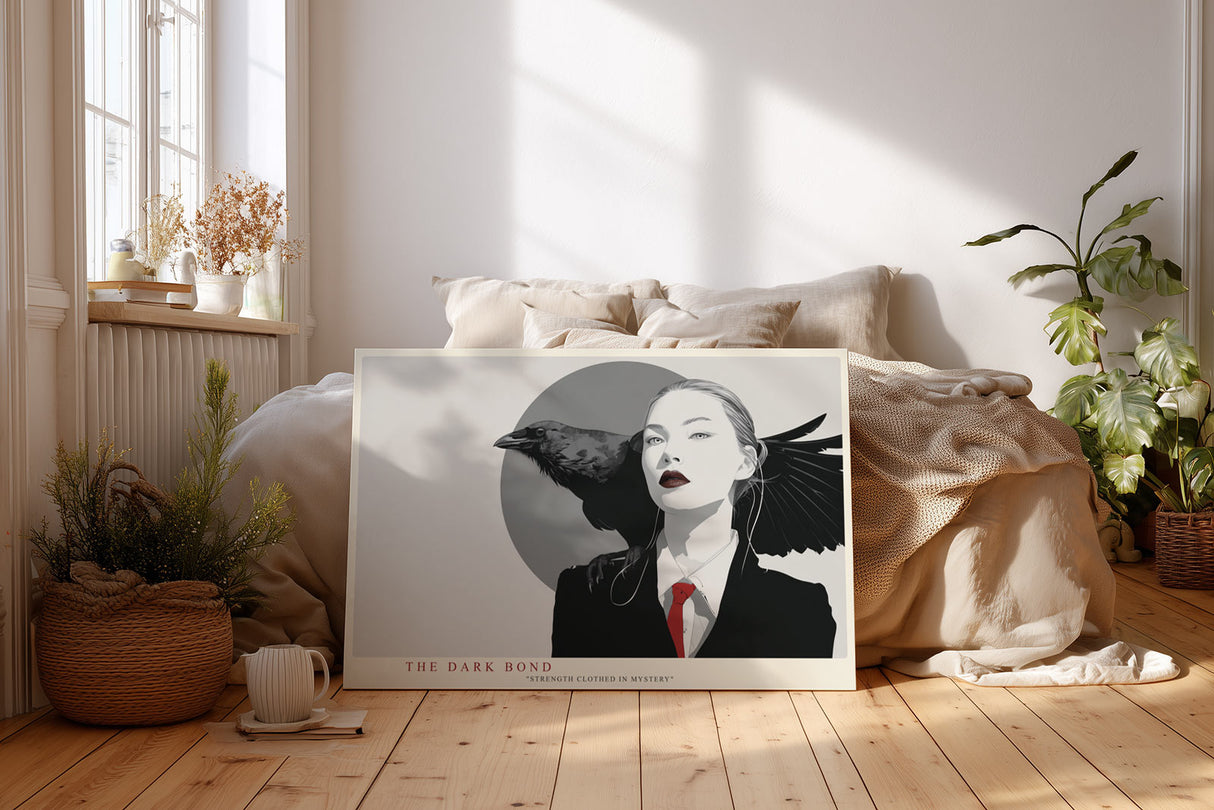 Paul Sinus Wandbild The Dark Bond stilvolles Porträt mit Frau und Rabe im minimalistischen Stil für moderne Räume mit geheimnisvoller Atmosphäre