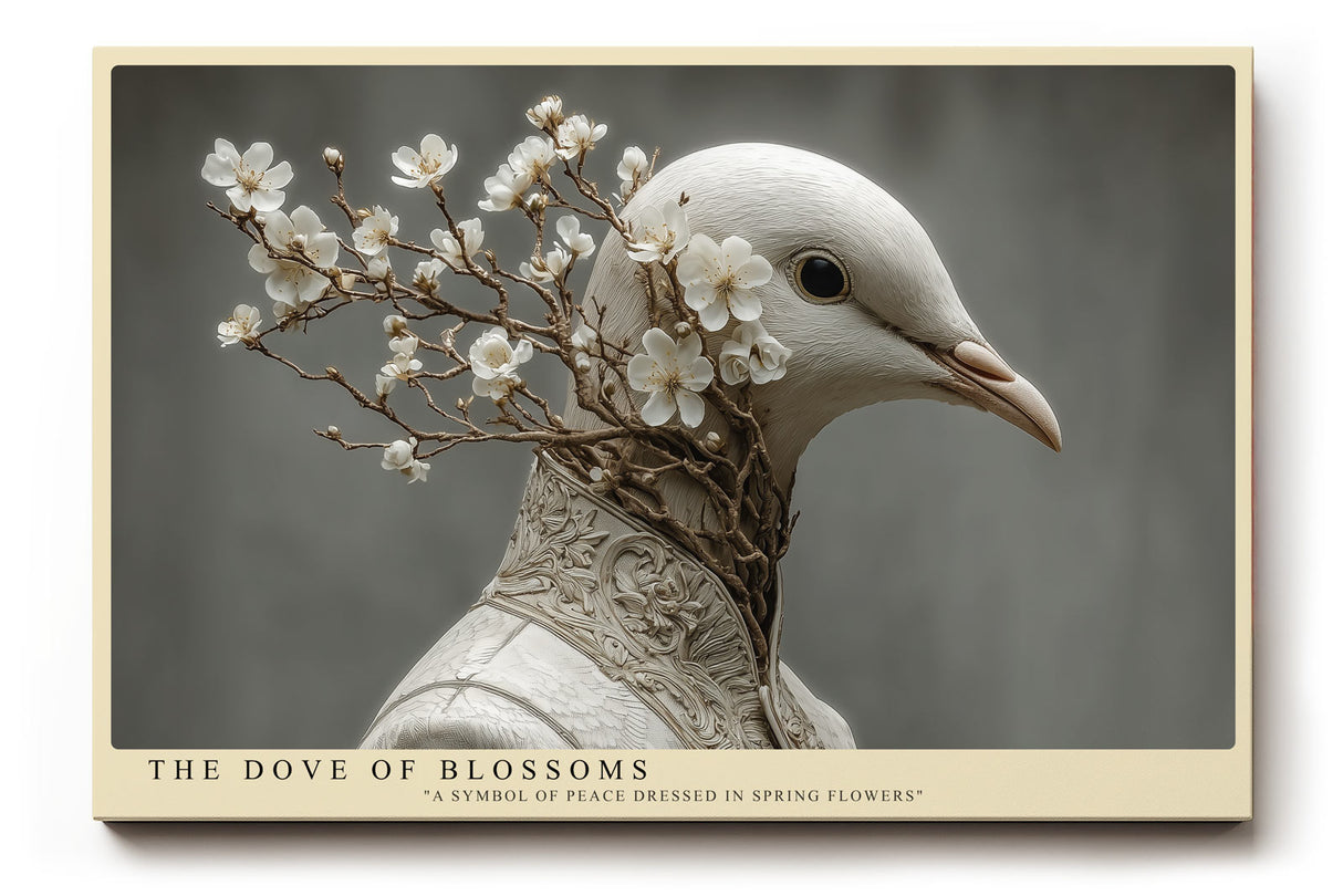 Paul Sinus Wandbild The Dove of Blossoms Symbolische Darstellung einer weißen Taube, geschmückt mit blühenden Zweigen, als Sinnbild für Frieden und Frühling.