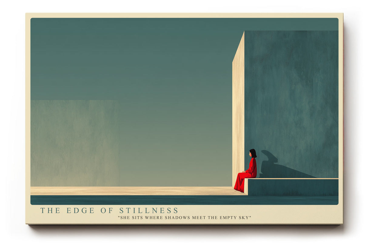 Paul Sinus Wandbild The Edge of Stillness – minimalistische Architektur mit Frau in Rot symbolisiert Ruhe, Isolation und stille Stärke