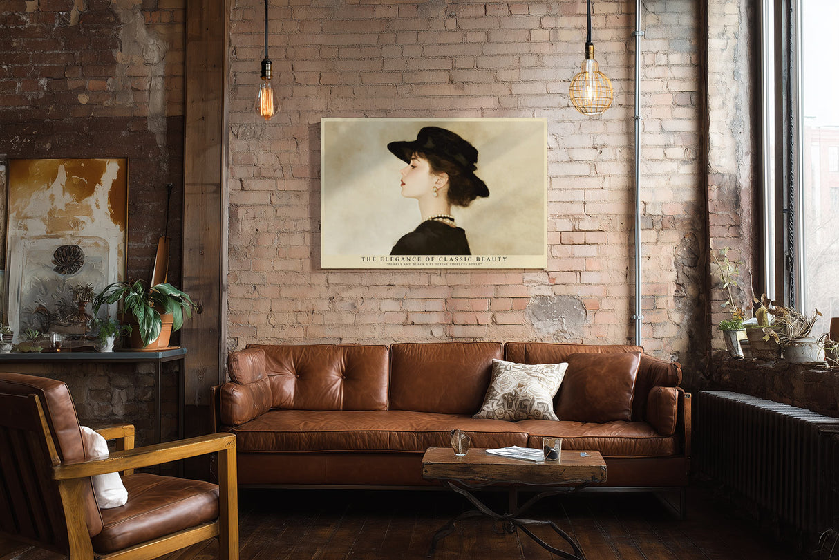 Paul Sinus Wandbild The Elegance of Classic Beauty – stilvolles Porträt einer Frau mit Hut und Perlenkette verkörpert zeitlose Eleganz und Anmut