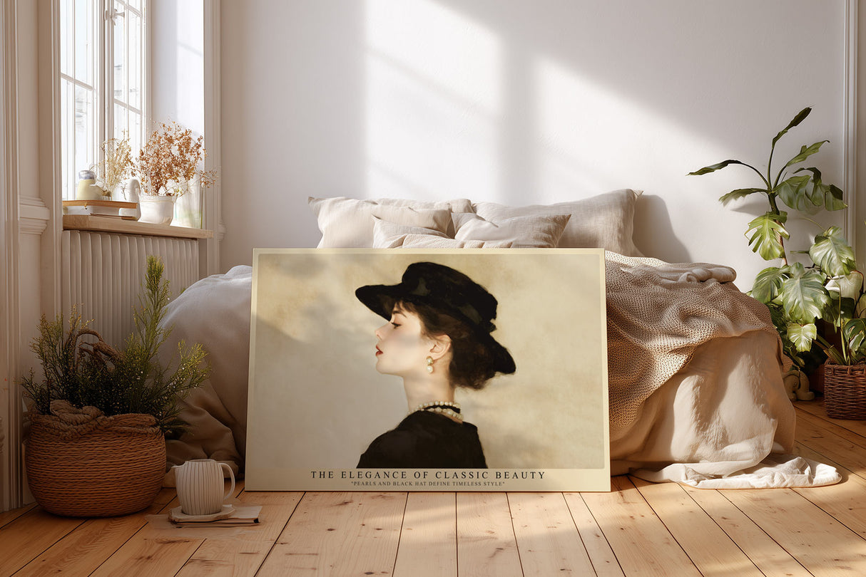 Paul Sinus Wandbild The Elegance of Classic Beauty – stilvolles Porträt einer Frau mit Hut und Perlenkette verkörpert zeitlose Eleganz und Anmut
