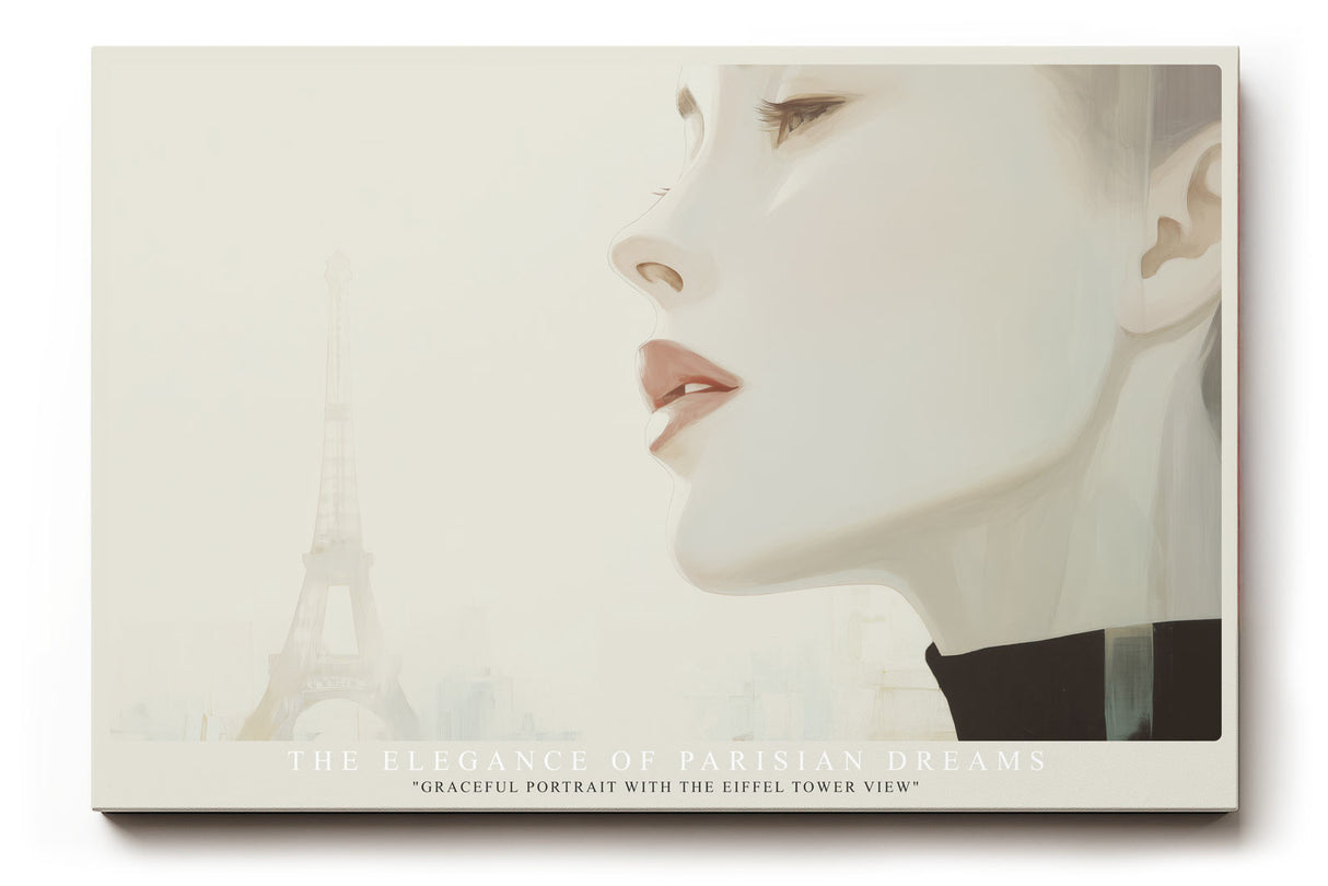 Paul Sinus Wandbild The Elegance of Parisian Dreams – Zartes Porträt einer Frau mit Eiffelturm im Hintergrund, Symbol für Stil, Anmut und französische Eleganz