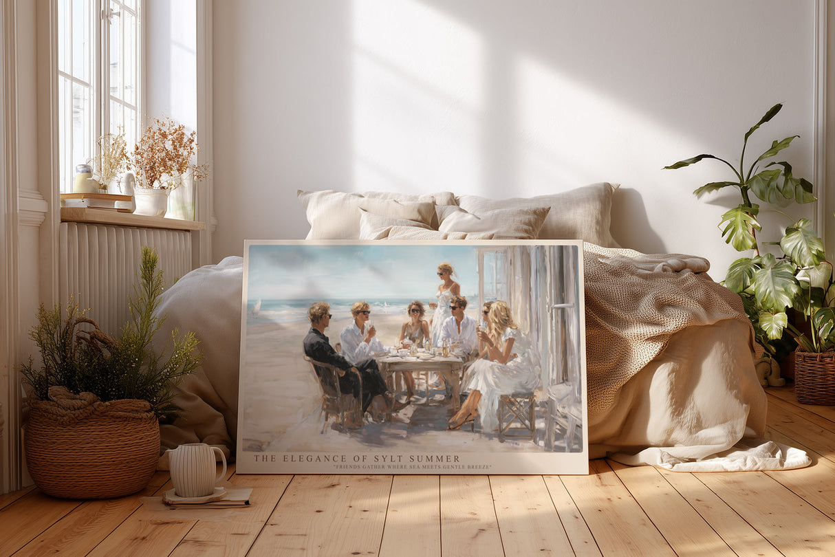 Paul Sinus Wandbild The Elegance of Sylt Summer – Stilvolle Strandszene mit Freunden an der Küste, sommerliches Lebensgefühl in heller Gestaltung