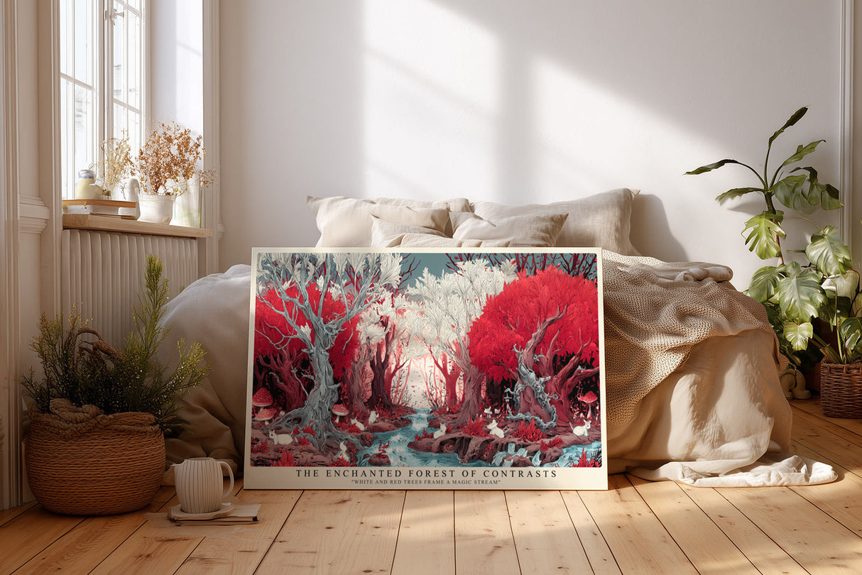 Paul Sinus Wandbild The Enchanted Forest of Contrasts märchenhaftes Waldmotiv mit roten und weißen Bäumen