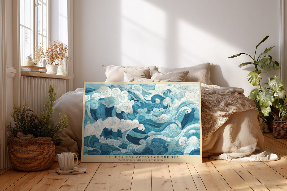 Paul Sinus Wandbild The Endless Motion of the Sea – Künstlerische Wellenillustration in Blautönen, dynamisches Meeresmotiv mit stilisierter Bewegung