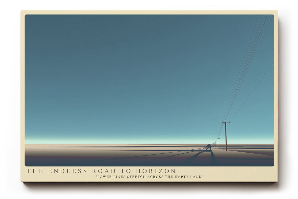 Paul Sinus Wandbild The Endless Road to Horizon – Minimalistische Straßenlandschaft mit Telegrafenmasten in kühler Weite, Symbol für Reise, Einsamkeit und Perspektive