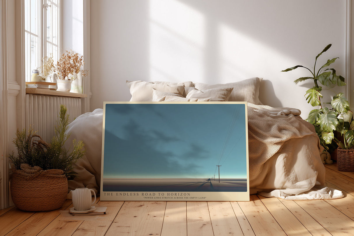 Paul Sinus Wandbild The Endless Road to Horizon – Minimalistische Straßenlandschaft mit Telegrafenmasten in kühler Weite, Symbol für Reise, Einsamkeit und Perspektive