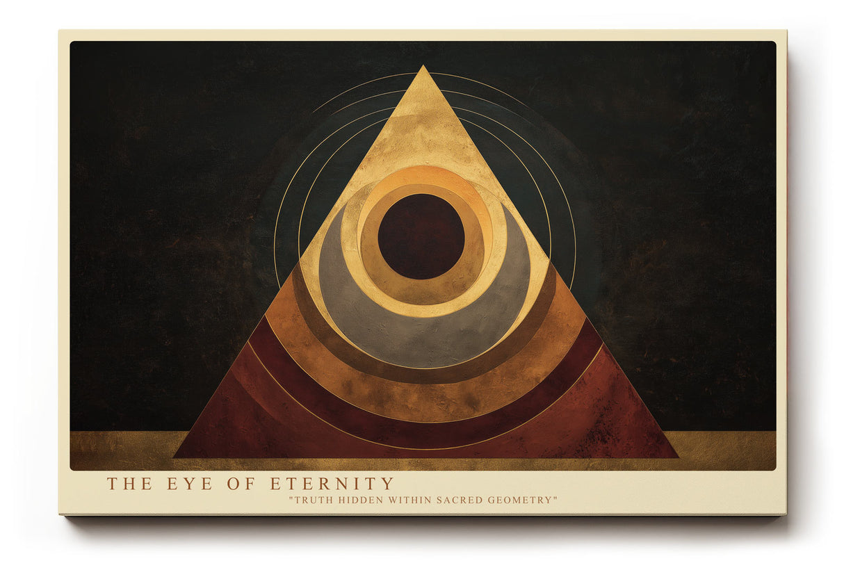 Paul Sinus Wandbild The Eye of Eternity geometrisches Motiv mit Pyramidenform und konzentrischen Kreisen in Gold- und Brauntönen