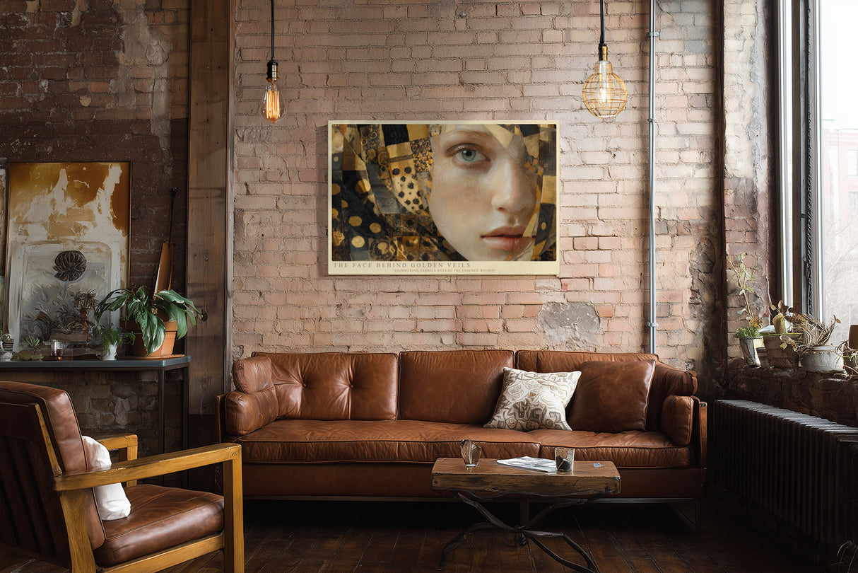 Paul Sinus Wandbild The Face Behind Golden Veils Portrait in Shades of Gold and Mystery